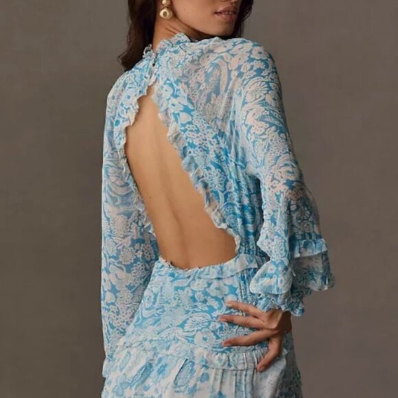 Brand New By Anthropologie Long-Sleeve Backless Sheer Ruffle Mini Dress - Picture 4 of 12